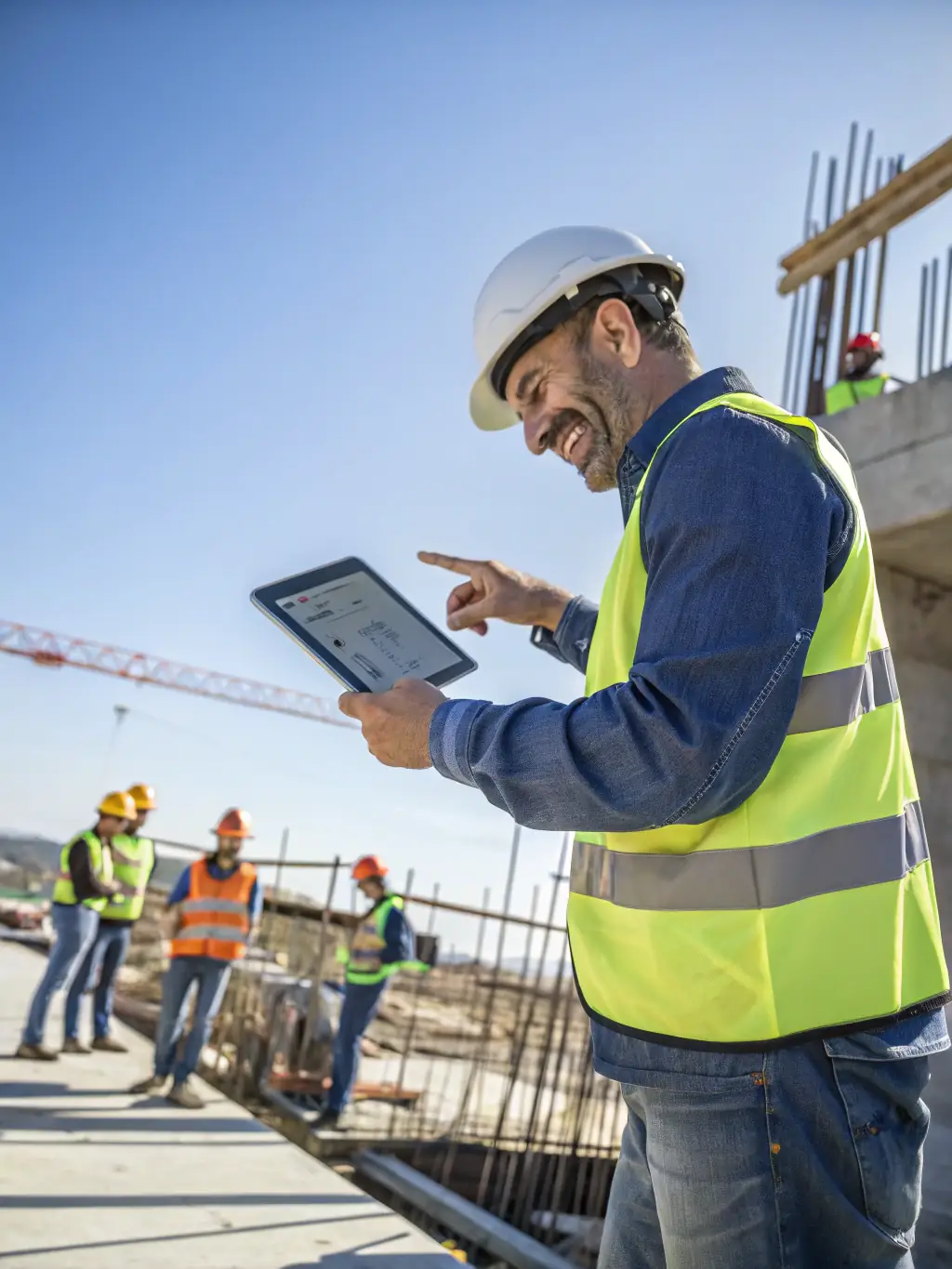 A construction foreman using the Buildertime Pro app on a tablet at a job site, smiling and pointing at the screen, with other workers in the background.