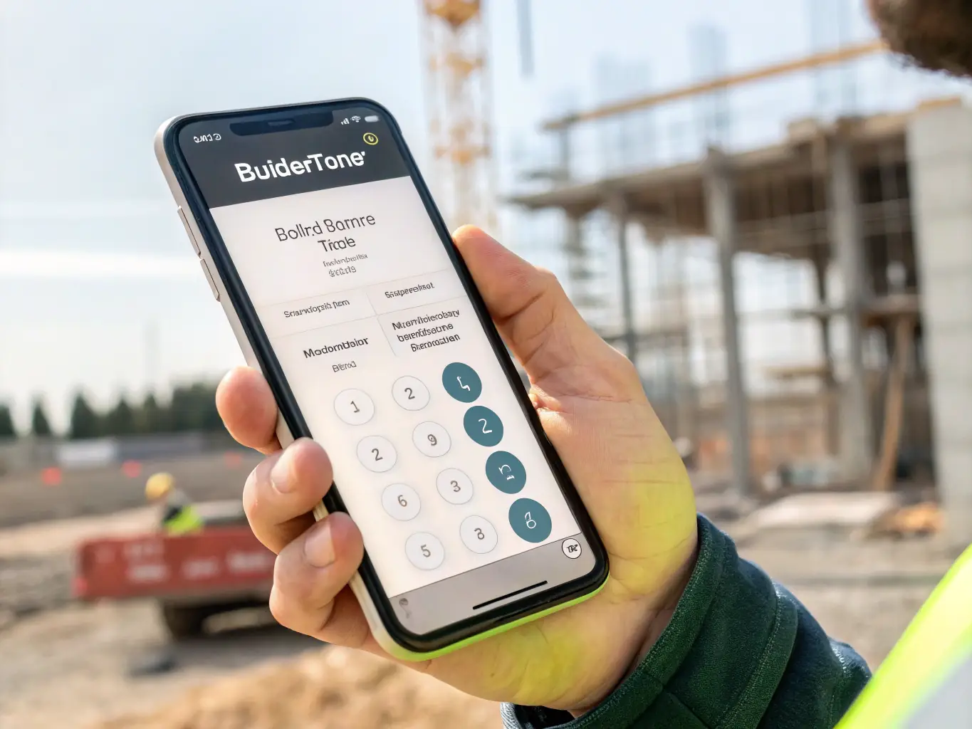 A mobile phone displaying the Buildertime Pro app interface, showing a simple and intuitive time entry screen with large, easy-to-tap buttons for clocking in and out.