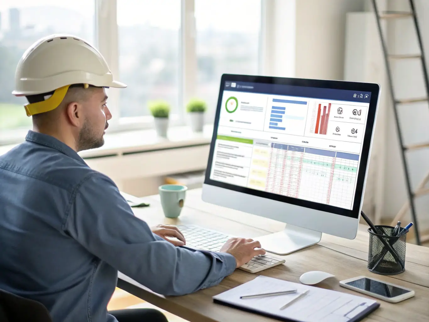 A supervisor reviewing and approving timesheets on a desktop computer, with a clear and organized dashboard displaying employee hours and project allocations.