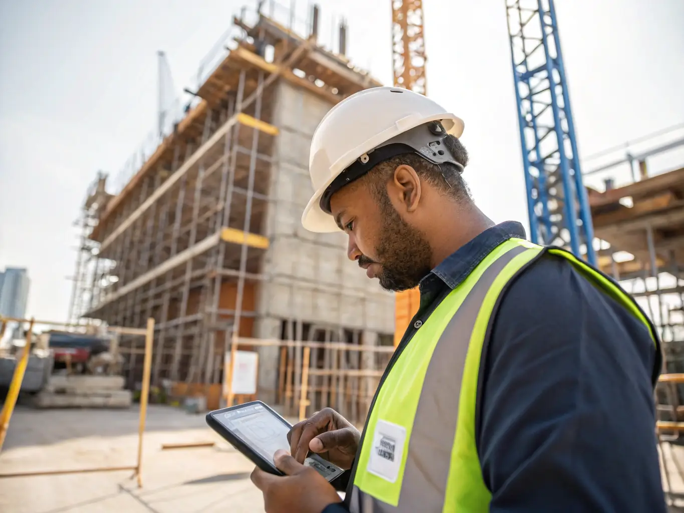 A construction worker using a tablet on a job site, with the Buildertime Pro app clearly visible on the screen, demonstrating its mobile-first design.