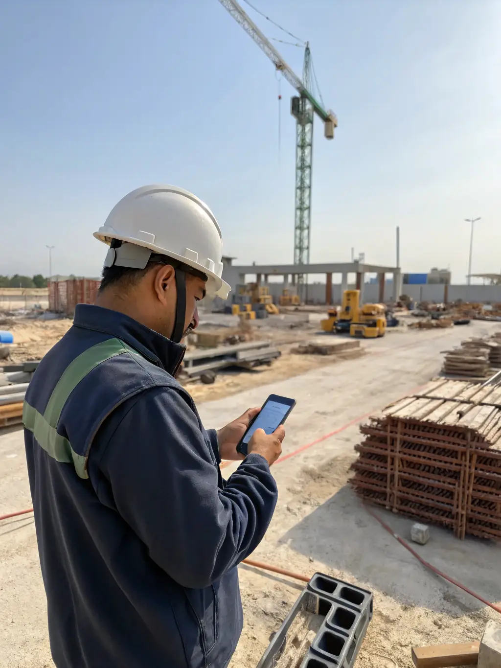 A construction worker using the Buildertime Pro app on a tablet at a job site, easily logging hours and tasks.